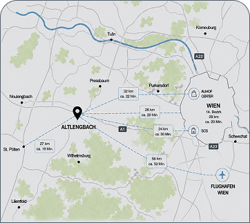 Lagekarte von Altlengbach mit Entfernungs- und Zeitangaben zu Wien, St. Pölten, dem Flughafen und Einkaufszentren.