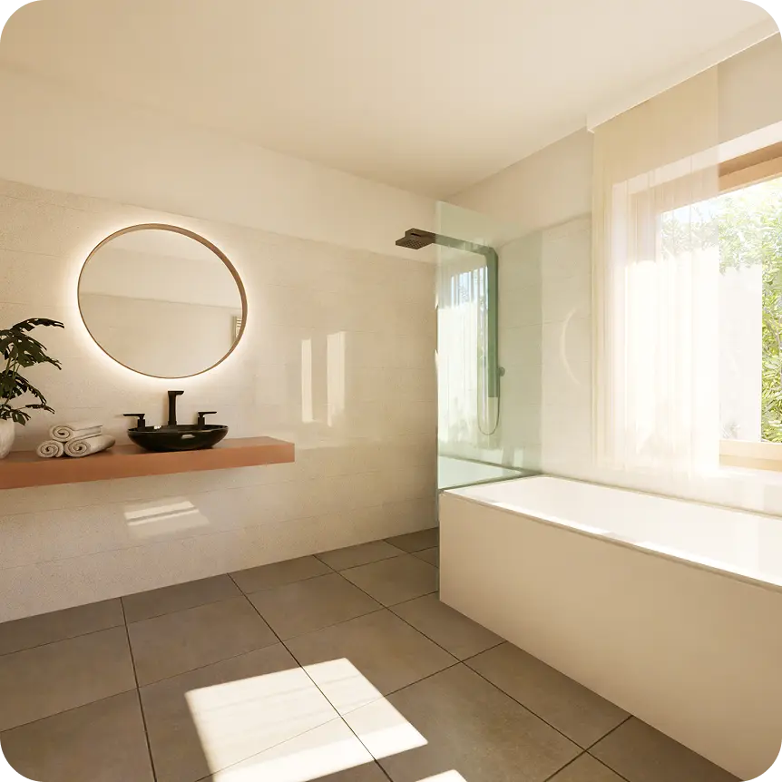 Helles, modernes Badezimmer mit rundem Wandspiegel, Waschtisch, Badewanne und begehbarer Dusche.